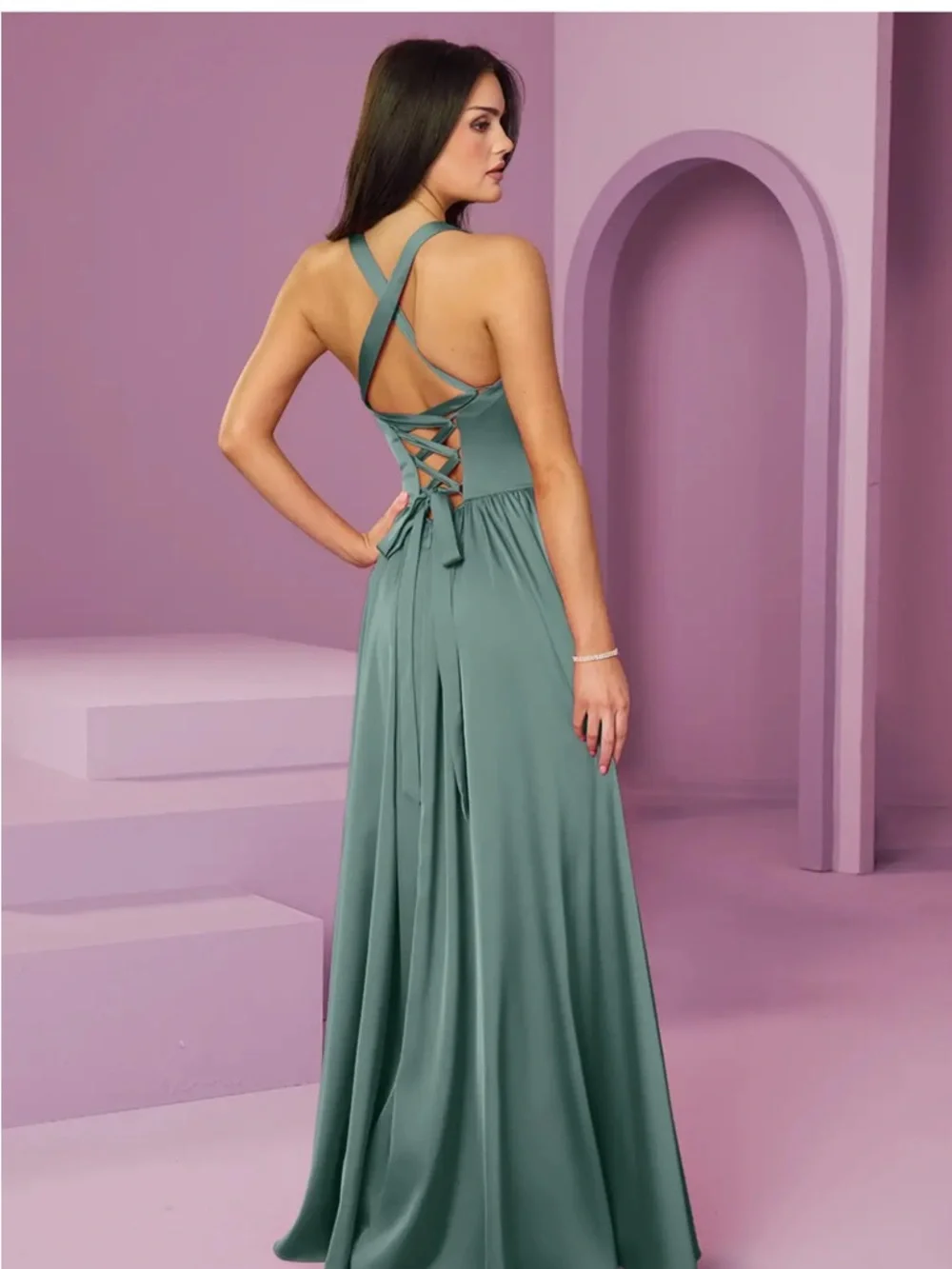 Azazie dusty Sage stretched Satin brides maid dress. BARBIE 1041 NWT - Picture 11 of 12